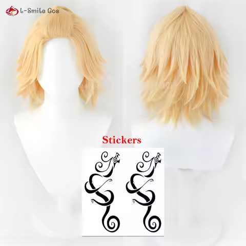 Anime Manjiro Sano Cosplay Wig Golden Short Mikey Anime Cosplay Wig With Stickers Heat Resistant Synthetic Hair + Wig Cap