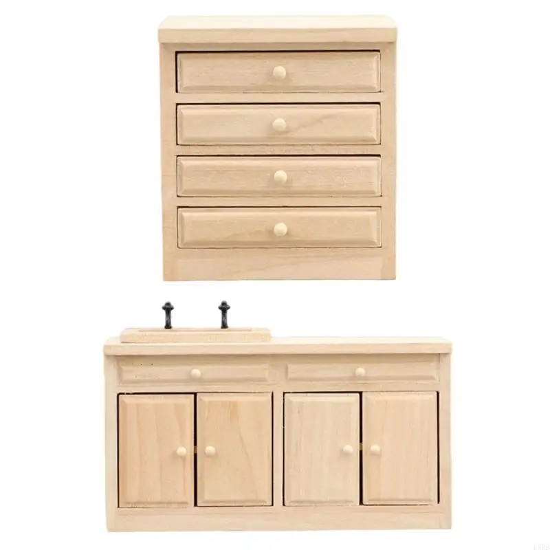 

Unfinished Miniature Cabinet Sink Natural Wooden Craft Model Project Dollhouses Accessorie Kitchen Scene Display Decors L8RB
