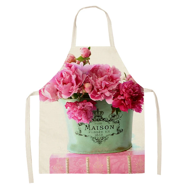 Kitchen Pink Rose Flower Pattern Sleeveless Apron Linen Bib Home Female Cleaning Cooking