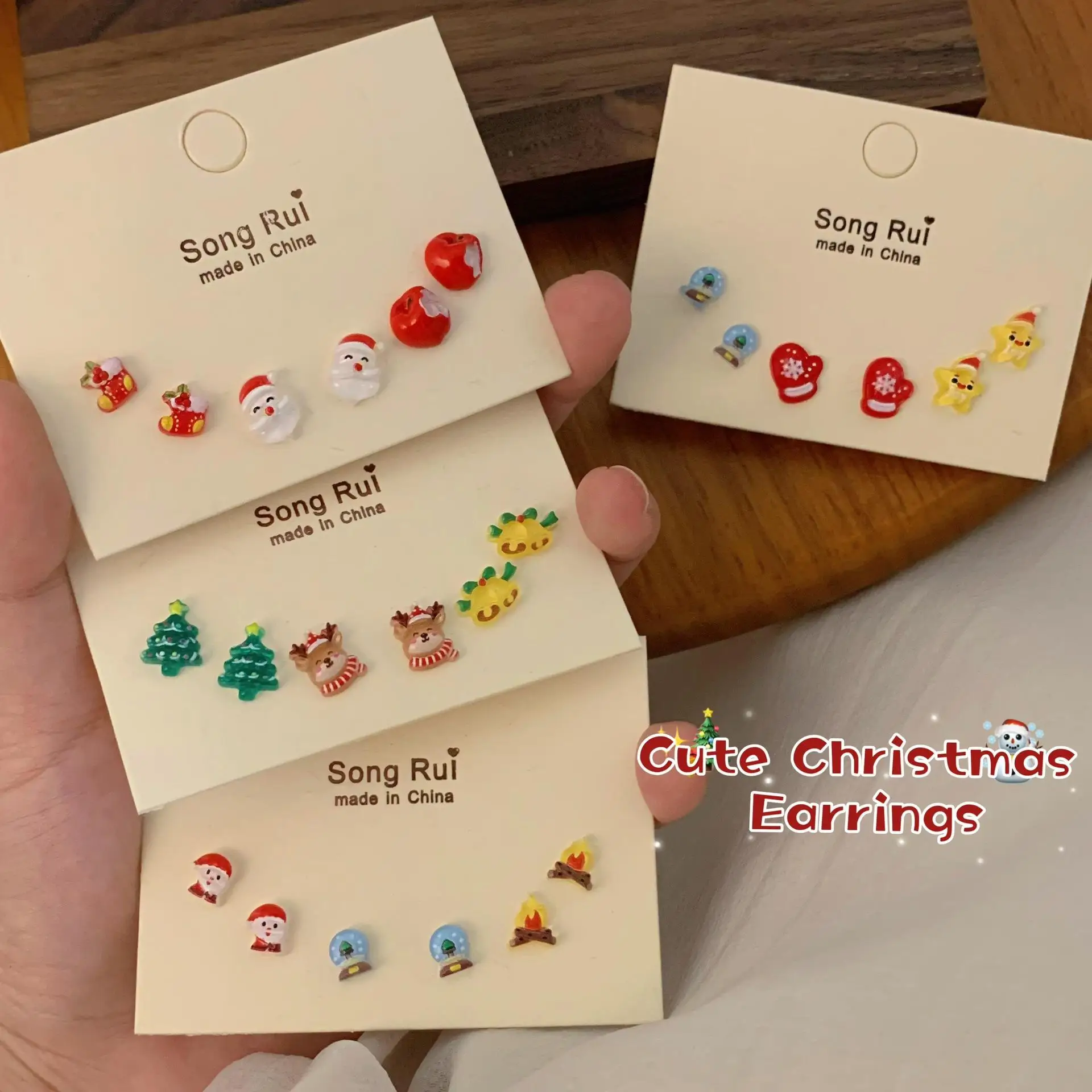 WANZHI 6PCS Cute Cartoon Christmas Stud Earrings for Women Exquisite Santa Claus Elk Bell Earring Fashion Jewelry Accessories