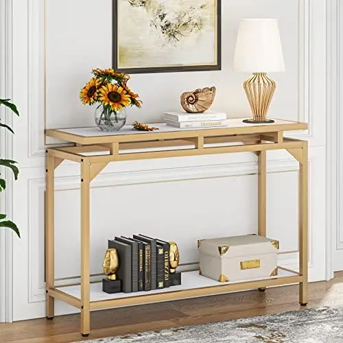 

Gold Console Table, Marble Entryway Table with 2 Tier , 40\u201D Narrow Sofa Tables for Living Room, Modern Hallway Accent Entr