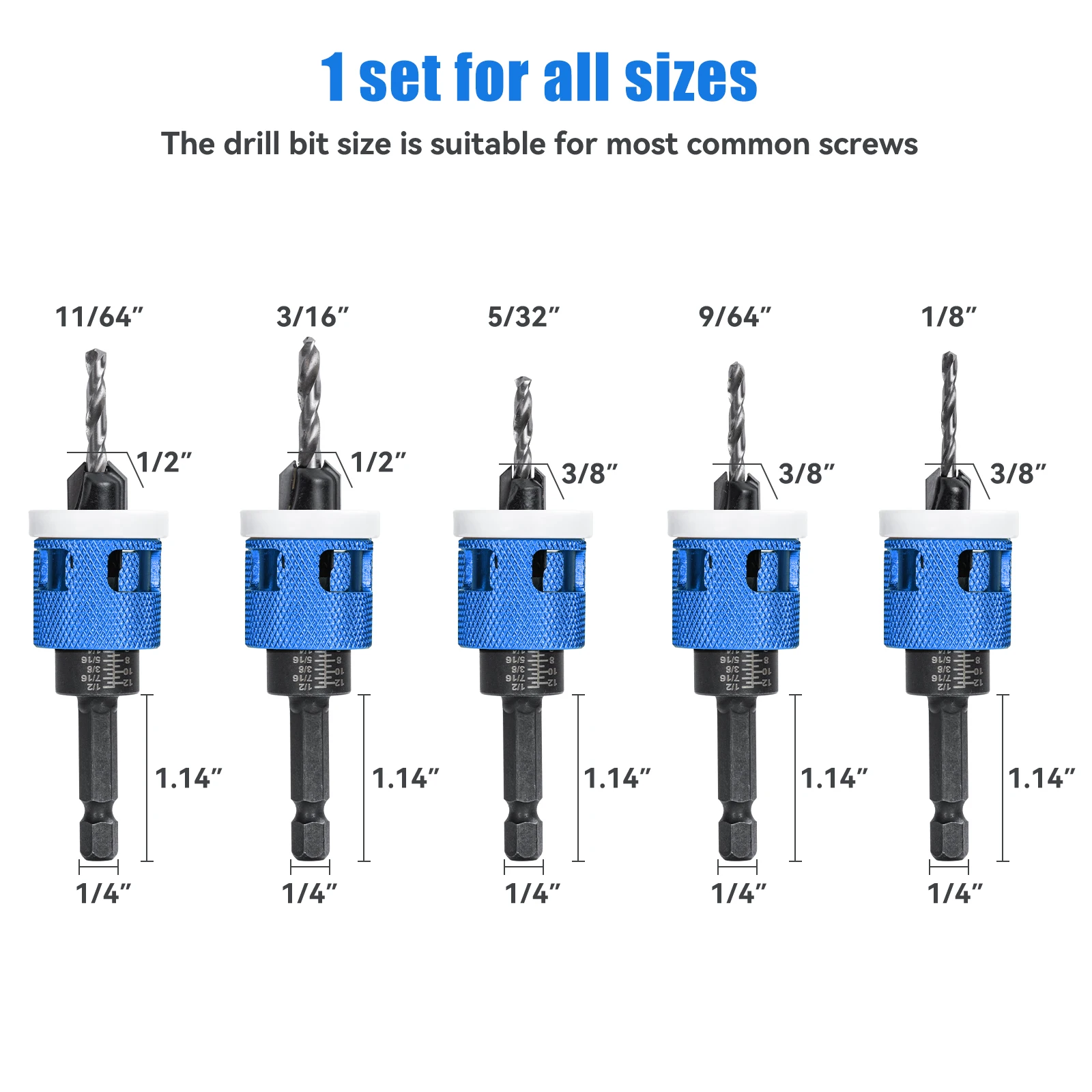 5pcs/Set Countersink Drill Bit with Adjustable Depth Stop Low Friction Hole Opener Countersunk Drill Bit Carpentry Woodworking