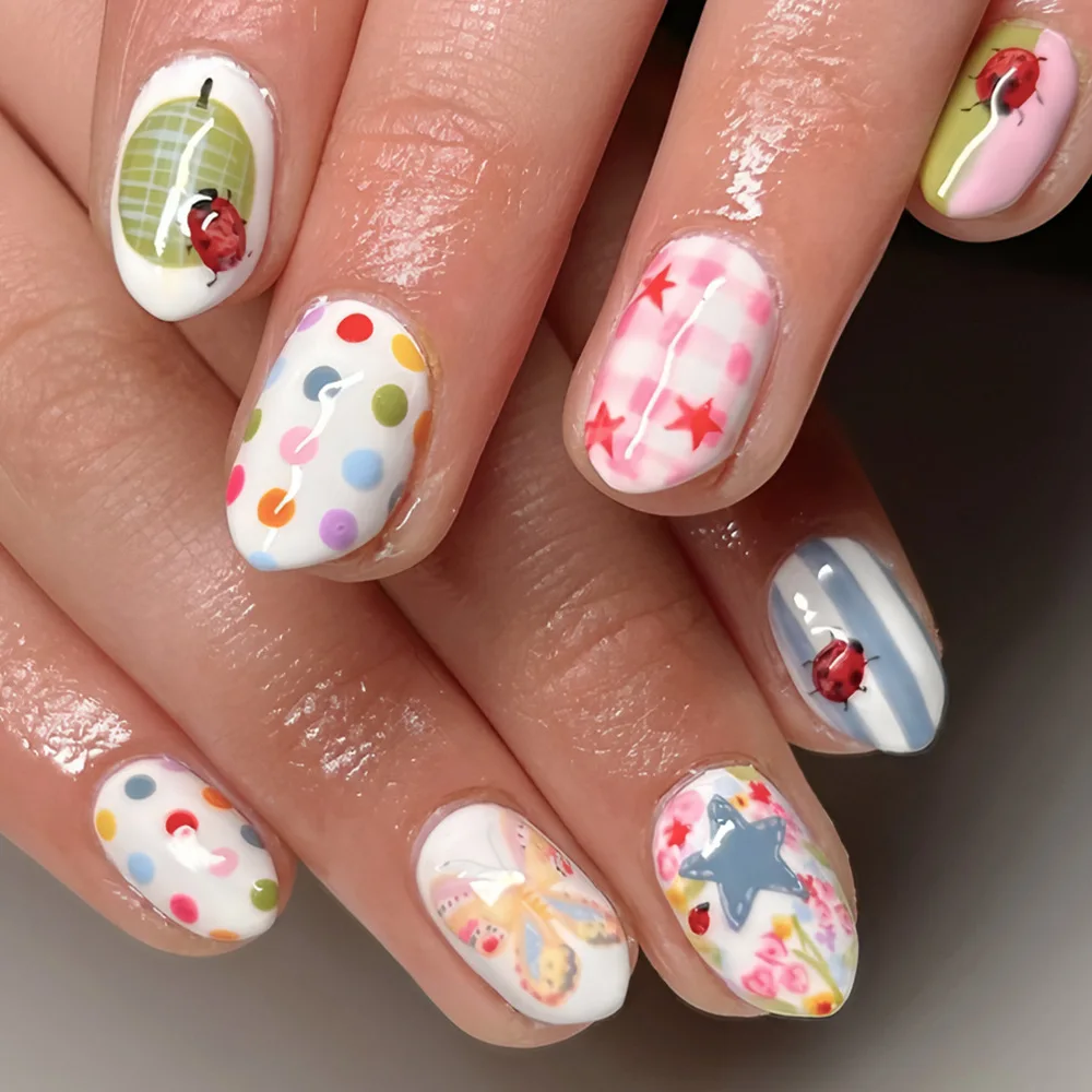 

24PCS Spring White Press on Nails Short Oval Fake Nails with Hand Painted Ladybug Polka Dot Butterfly Star Cute Pastel Nail Art