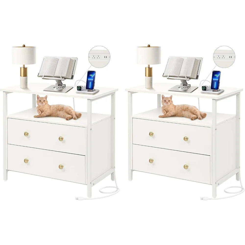 

27 inch Wide Nightstand with Charging Station, Bedside Table with Open Shelf, 2 Drawers Small Wood Dresser, End Side Table for B