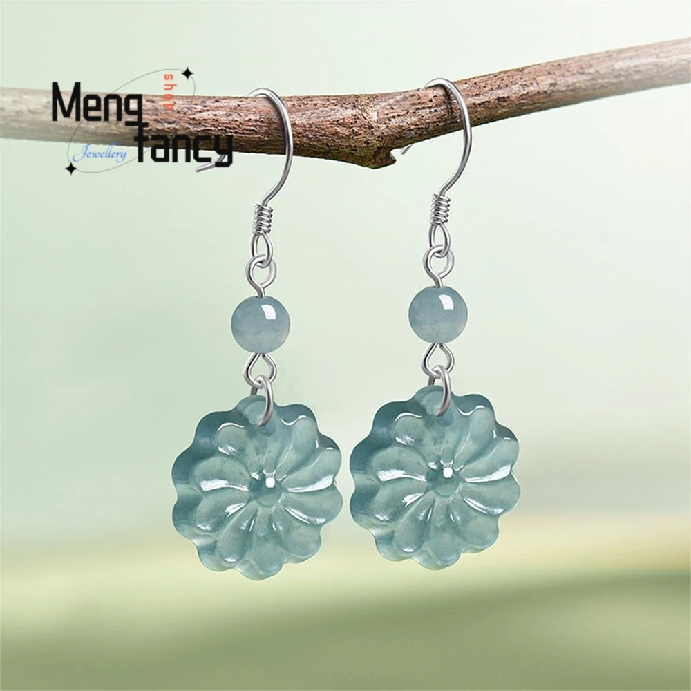 Pendientes de Plata S925 con Incrustaciones de Jadeíta Natural Grado A, Estilo Antiguo, con Diseño de Girasol y Semilla de Hielo, Joyería de Alta Gama para Mujer