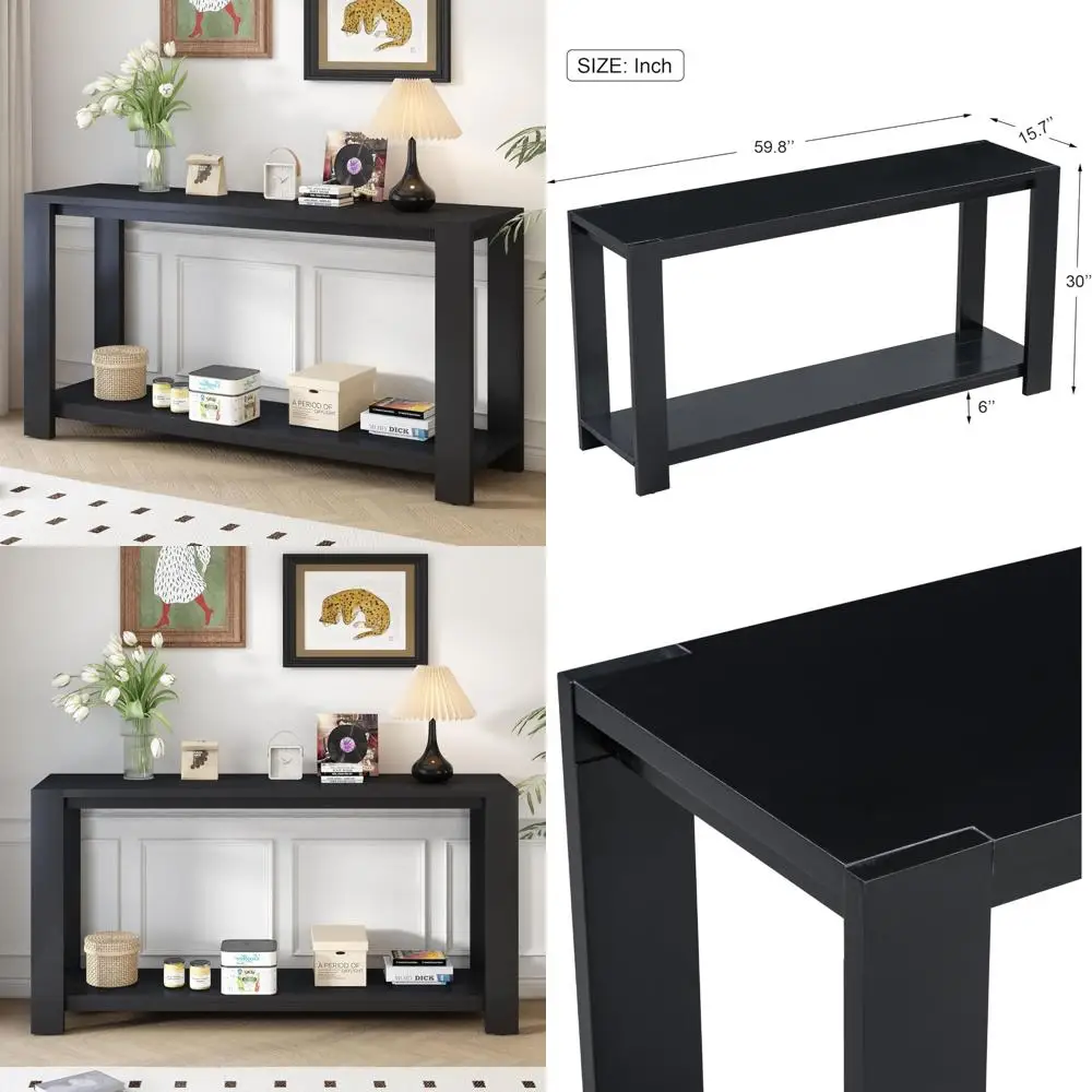 59.8-Inch Contemporary Entryway Console Table with Storage Shelf for Living Room and Hallway in Black