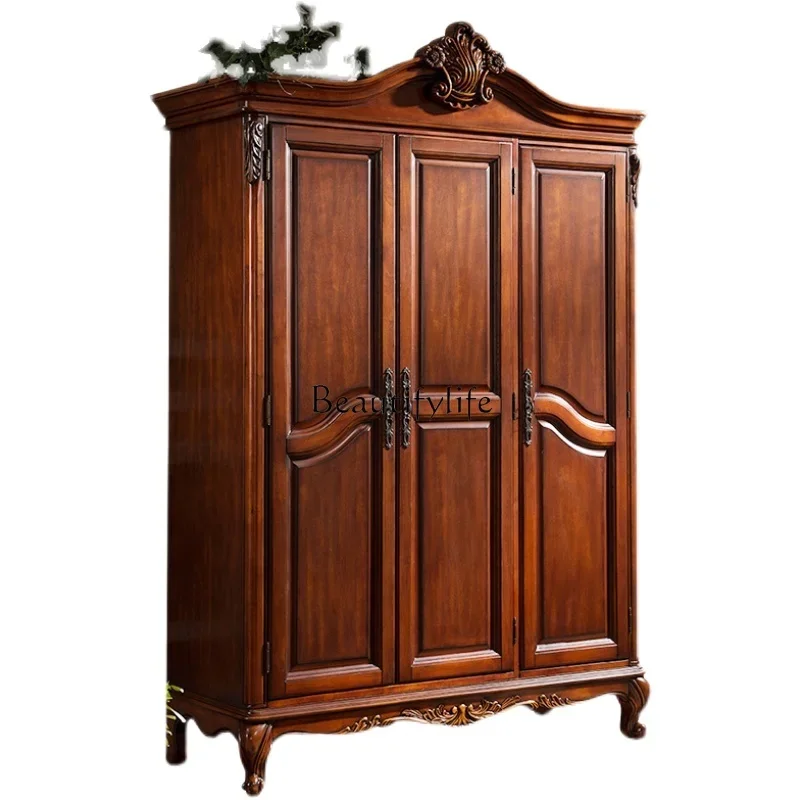 

ld14American all solid wood wardrobe, bedroom three-door large wardrobe, European assembly hanging wardrobe