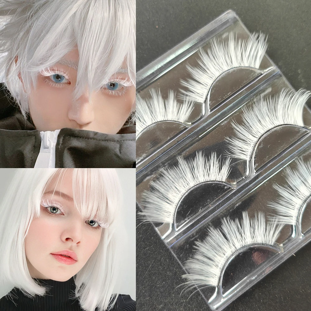 3 Pairs White Eyelashes Black Band Cosplay Makeup Natural Long Cross Strip Eye Lashes Stage Makeup Show Halloween Party