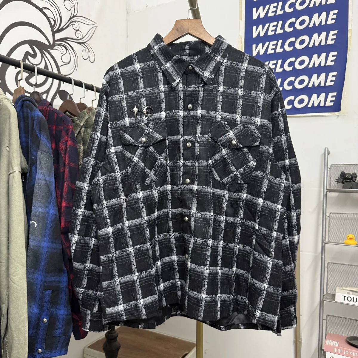 

Thug Club TC New Star Moon Metal Print Plaid Casual Long Sve irt Loose Fit ex Cotton Polyester Resistant to Deformation