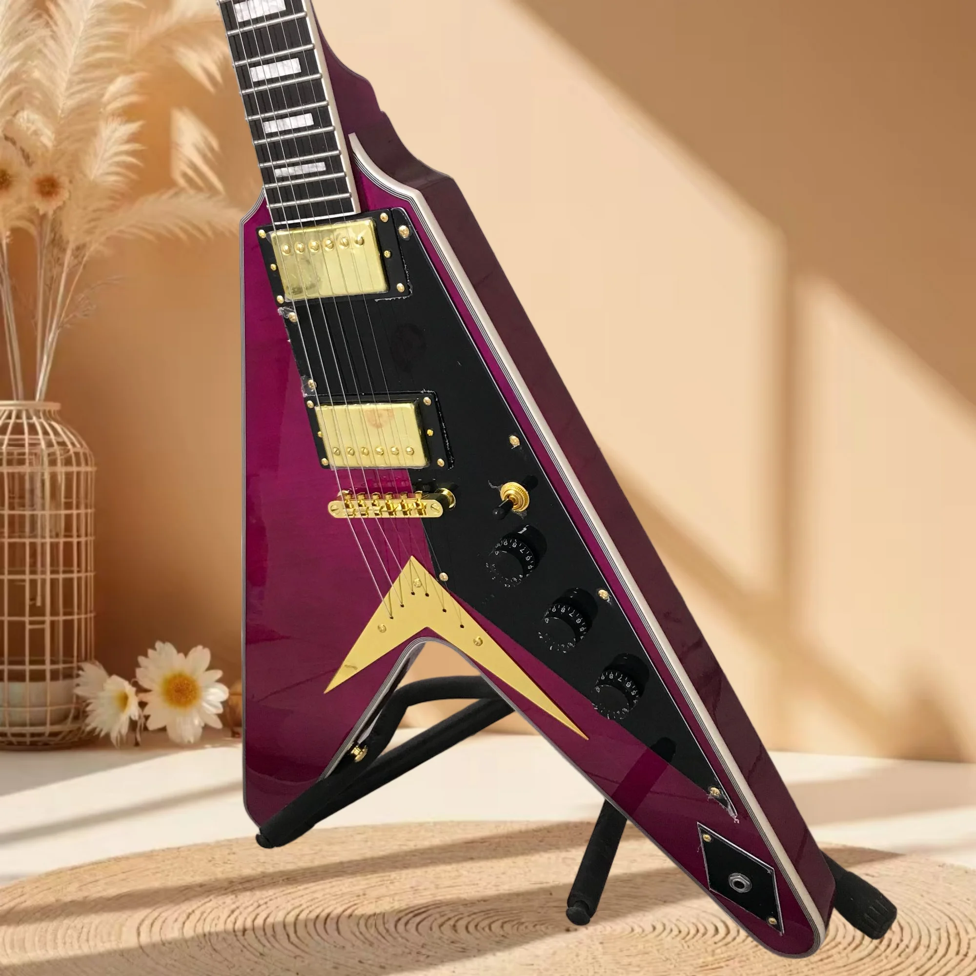 

Free Shipping Purple Flame Maple V Shape Electric Guitar HH Gold Pickups Fixed Bridge Mahogany Body Surf Rock