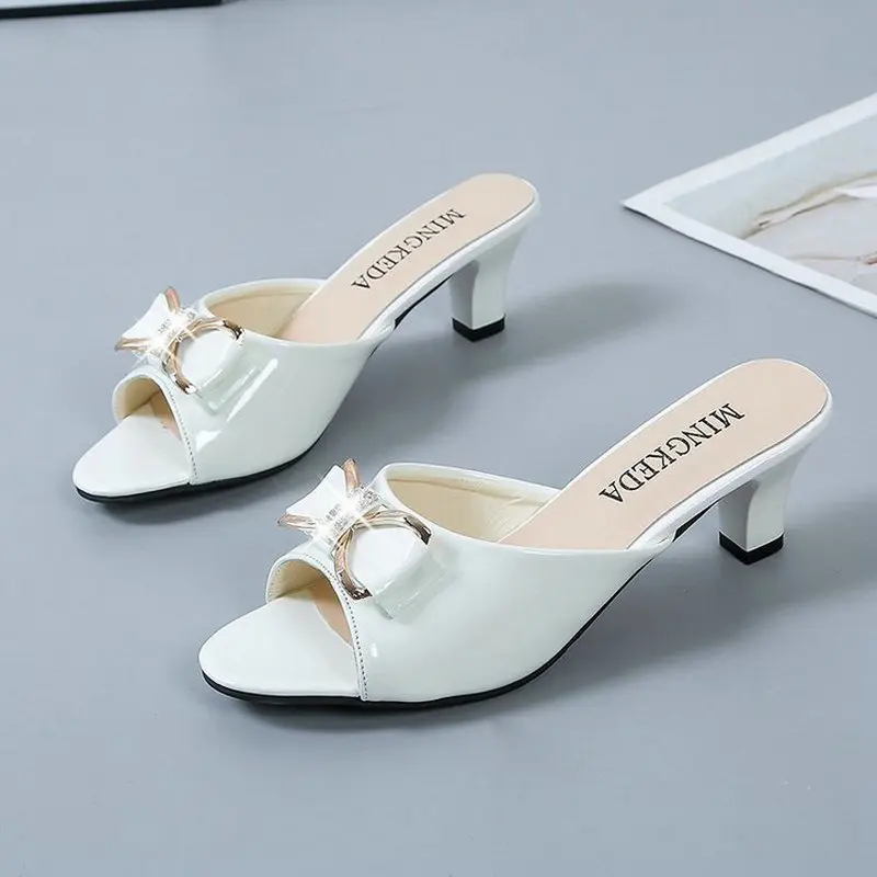 2024 New Fashion Leather Sexy Party Women's Sandals Women Open Toe High Heels Casual Slippers Ladies Dress Sandals
