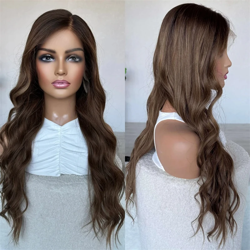 

Preplucked Hairline Ombre Brown Women Wig Synthetic Soft HD Lace Frontal Wig for White Black Women 28 Inches Soft Long Wave Wig