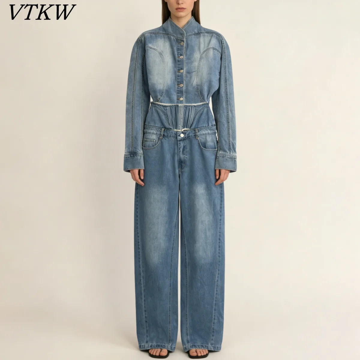 

Женский джинсовый комплект VTKW из двух предметов: куртка с длинными рукавами на пуговицах и брюки с высокой талией и широкими штанинами, повседневный модный уличный стиль