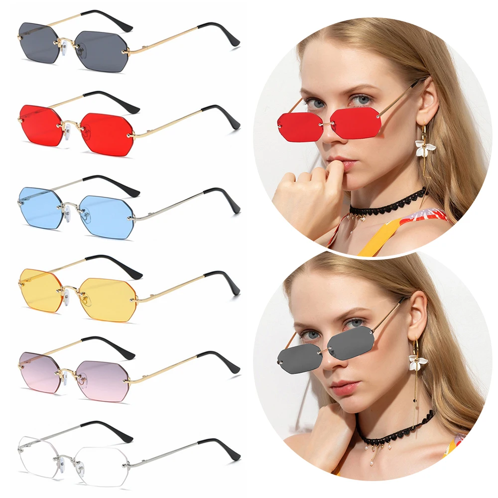 

Vintage Rimless Rectangle Sunglasses for Women UV400 Driving Sun Glasses Summer Small Frame Eyewear