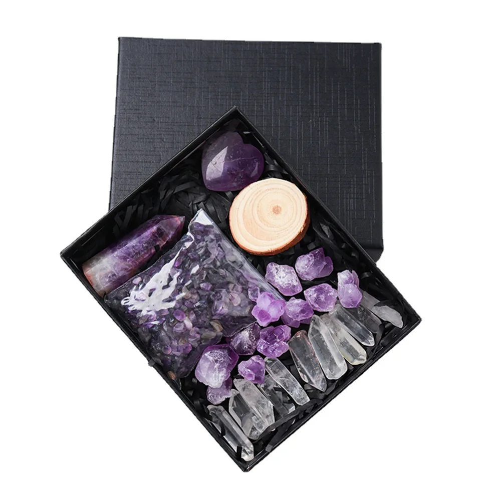 Multi-type Mineral Specimen Box Single Point Wand Amethyst Flower Heart Chips Home Collectible Gift
