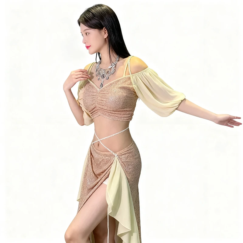 

Комплект костюма для танца живота для женщин, топ с короткими рукавами + длинная юбка с разрезом, 2 предмета, восточный профессиональный комплект, одежда для танца живота