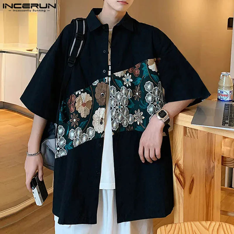 

INCERUN Tops 2024 Korean Style Fashion Men Patchwork Lace Embroidery Flower Shirt Handsome Male Short Sleeved Lapel Blouse S-5XL