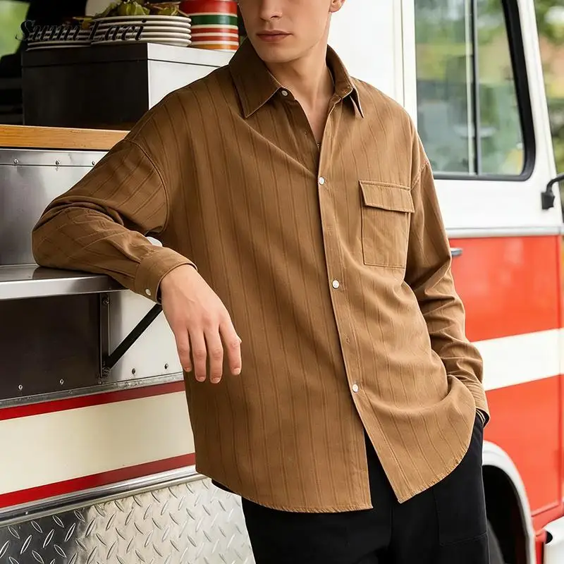 

Модные мужские рубашки в полоску с принтом, винтажные, на пуговицах, с отложным воротником, весна-осень 2026, повседневные мужские топы с длинным рукавом