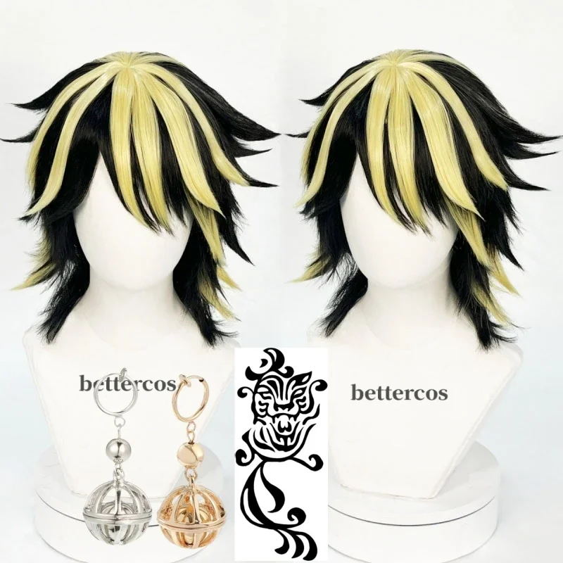 Hanemiya Kazutora Cosplay Wig Anime Tokyo Manji Gang Short Black Golden Hair Wigs Earring Tattoo Sticker