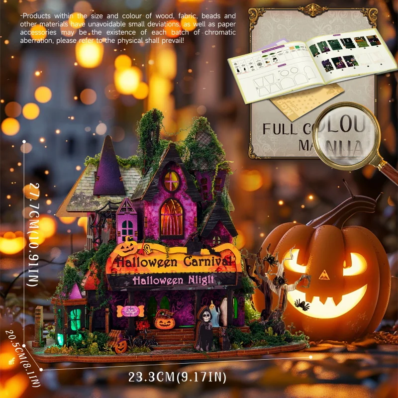 Diy halloween noite carnaval casa kit de modelo em miniatura de madeira 3d quebra-cabeça casas de boneca com móveis casa de bonecas para amigos presentes