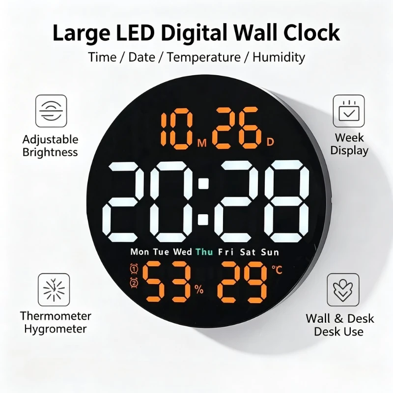 壁掛け時計-led電子目覚まし時計-明るさ調整可能-温度計-湿度計-週表示-ホームデスク用壁掛け時計