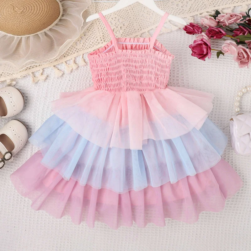 2023 Spring/Summer New Girls Multicolor Rainbow Sling Dress Cute Splice Mesh Princess Cake Dress 4-7T