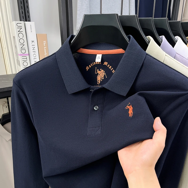 Fashion Advanced Embroidery Lapel Polo Shirt New Spring Autumn Keep Warm 100%Cotton Long Sleeve Top Business Casual Men's Wear