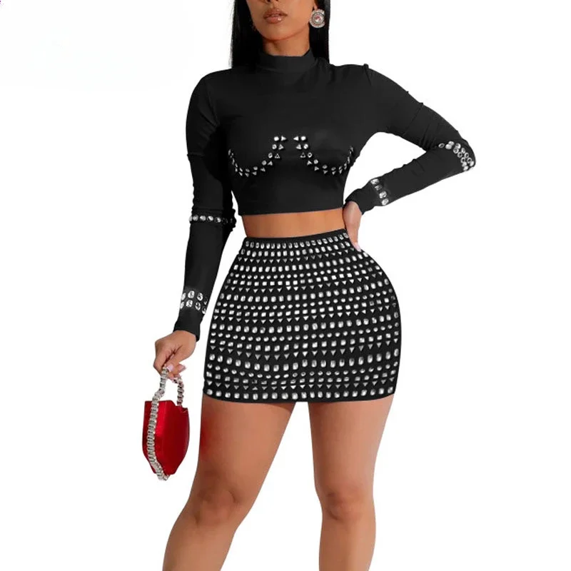 Vrouwen sexy effen kleur lange mouw strass decor tanktop en hoge taille minirok 2-delige set