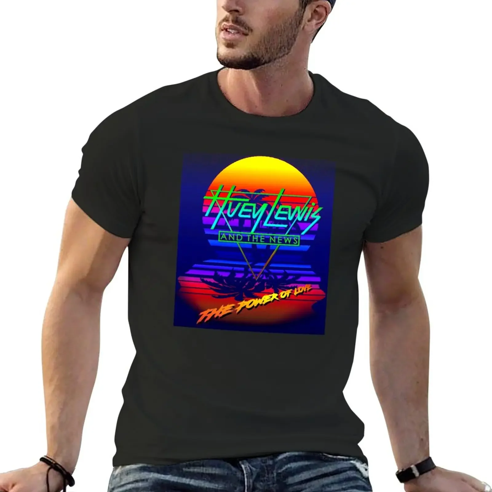 New Huey Lewis The Power Of Love Retro 80s Synthwave Homage T-Shirt customs Short sleeve tee men