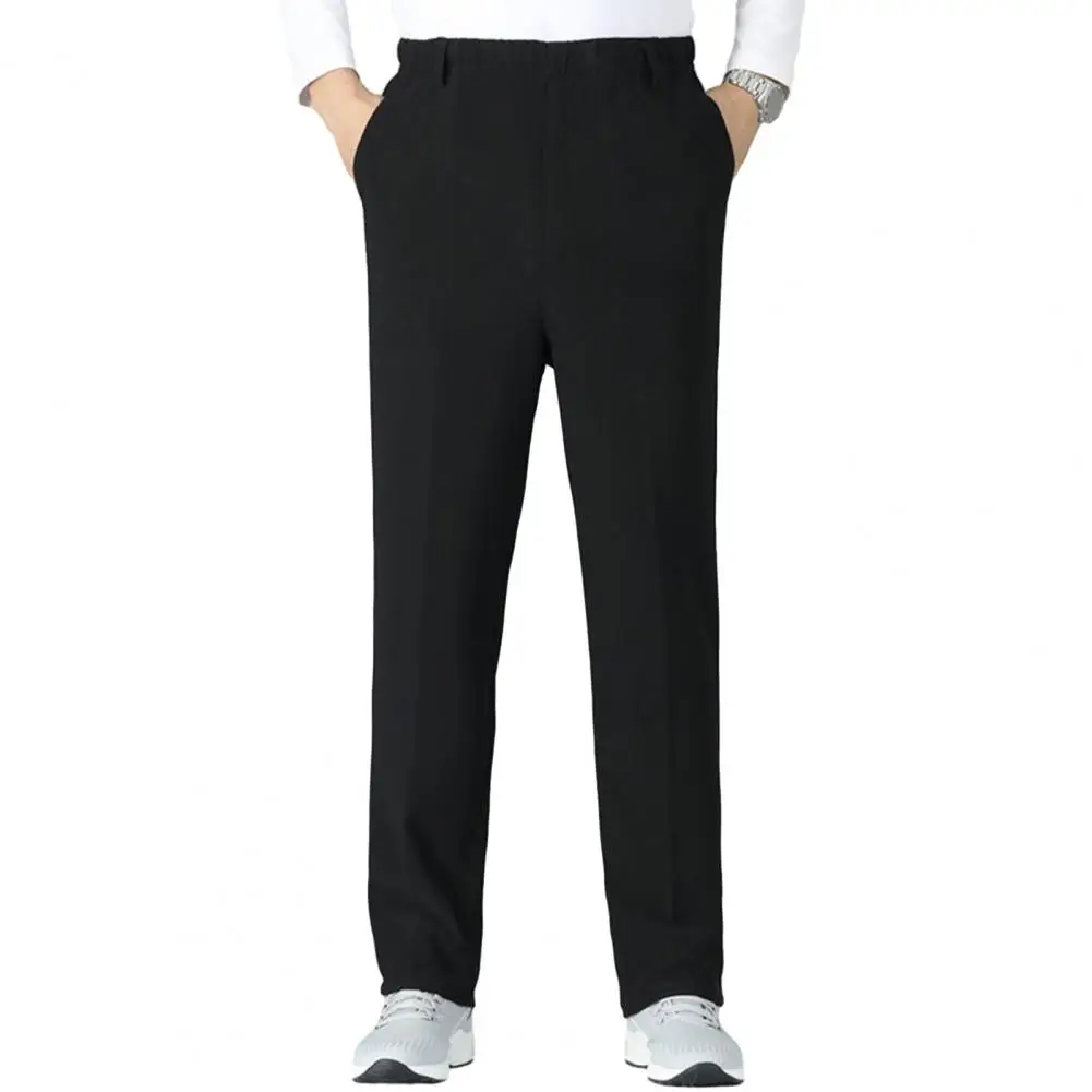 

Winter Men's Suit Pants Fleece Lined Winter Pants Elastic High Waist Pockets Trousers