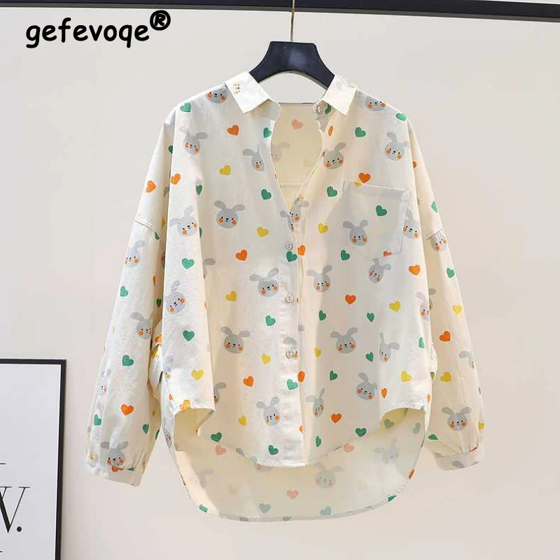 Women Trendy Vintage Funny Cartoon Print Oversize Shirts Ruffled Casual Streetwear Long Sleeve Blouses Y2K Pocket Irregular Tops