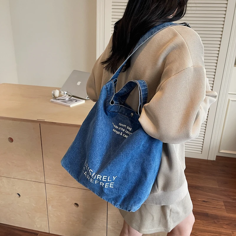 

Letter Print Denim Women's Bag Student Shoulder Bag Jeans Messenger Bag Y2K Eco Bag Korean Shopper Casual Pocket Cowboy Handbag