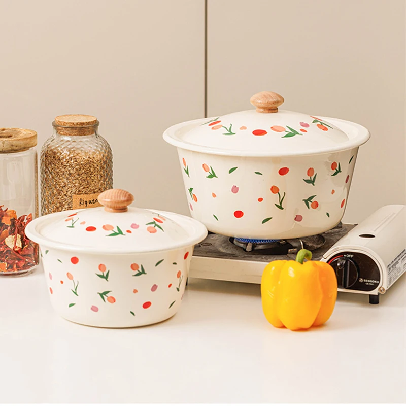 Enamel Storage Cans Home Kitchen Food Container with Lid Retro Tulip Garden Soup Basin Large Capacity Enamel Storage Organizer