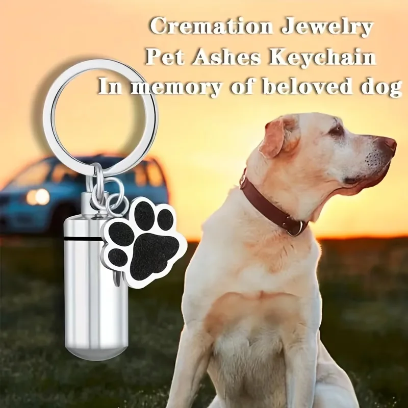 Unisex Stainless Steel Pet Puppy Dog Paw Charm Cylinder Locket Urn Keychain for Ashes Memory Keepsake Pendant Cremation Jewelry