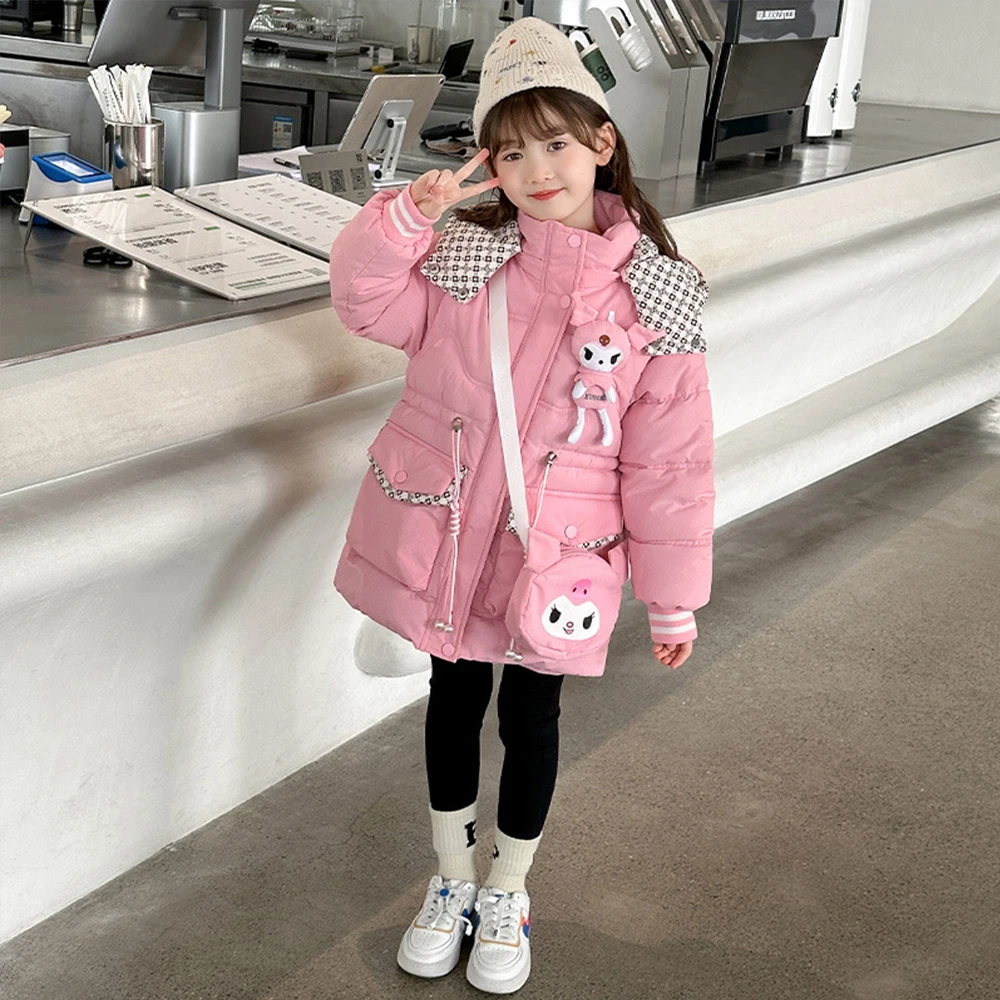 Kuromi Sanrioed Anime Girls Winter Cotton Coat New Korean Fashion Lengthening Down Cotton Coat Kids Jackets for Girls Clothing