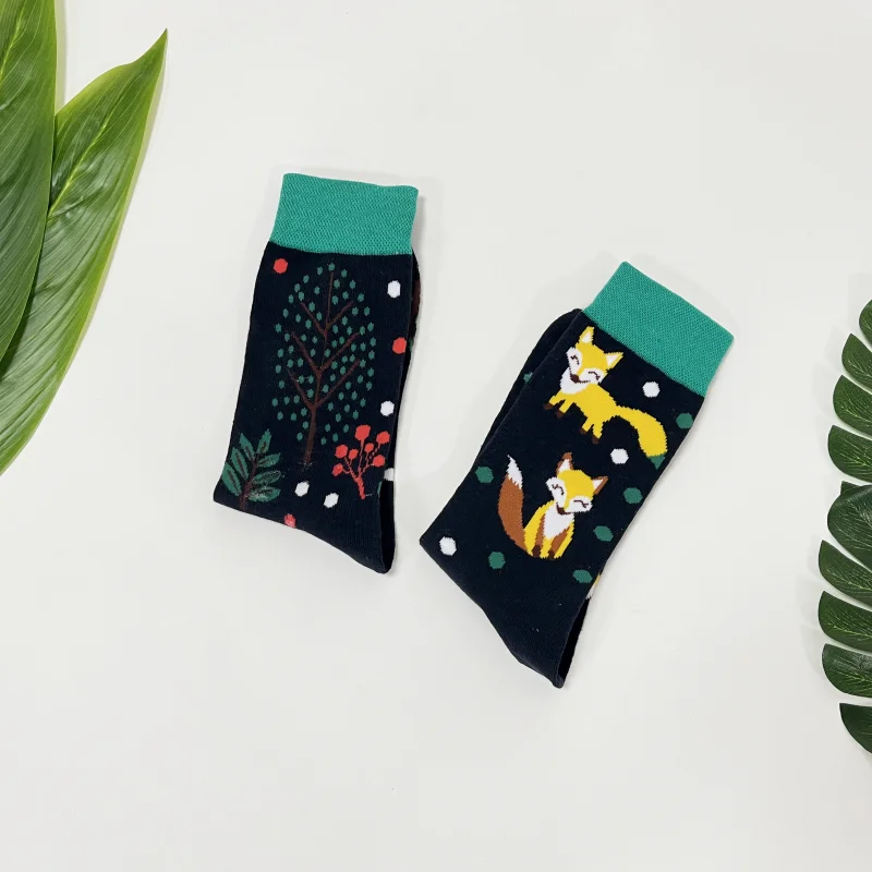 1 Pair Forest Plant Cute Fox Pattern Personalized Fashion AB Style Men\'s Mid-Calf Socks Suit In All Seasons