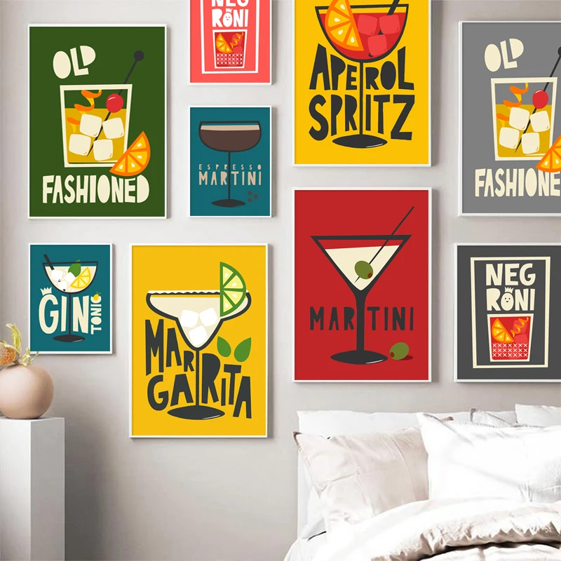 

Cartoon Fruit Juice Aperol Spritz Posters and Print Sangria Drink Negroni Canvas Painting Club Bar Shop Picture Home Room Decor