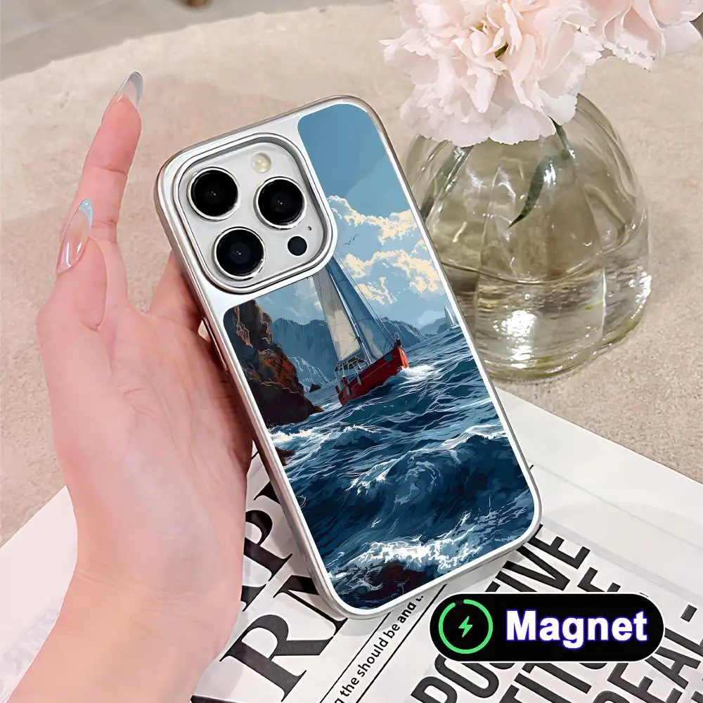

Pretty Sailboat Phone Case for iPhone 17 16 15 14 13 12 11 Air Pro Max Plus Electroplated Silver Magnet Cover