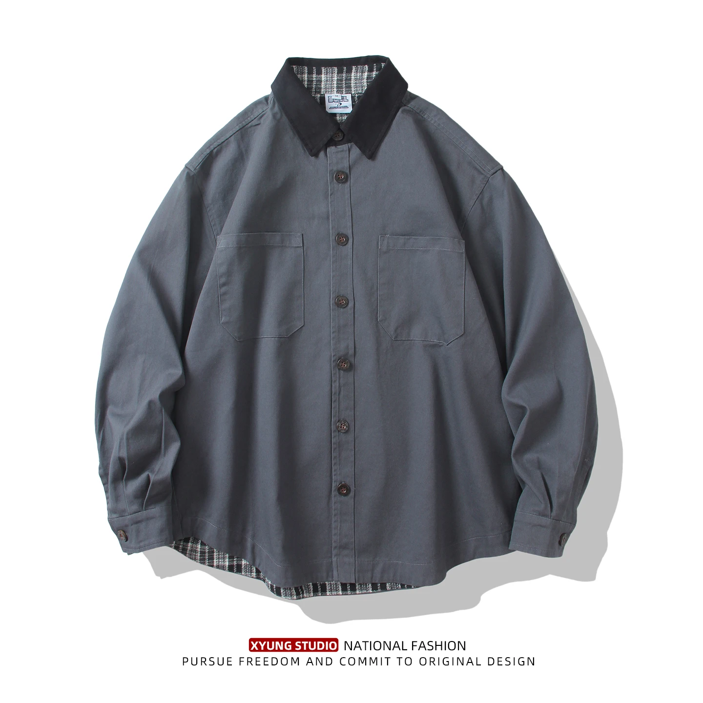 

Ретро-американская рабочая одежда: мужская свободная повседневная универсальная верхняя одежда с воротником, японский стиль, цветные блоки, модный городской стиль