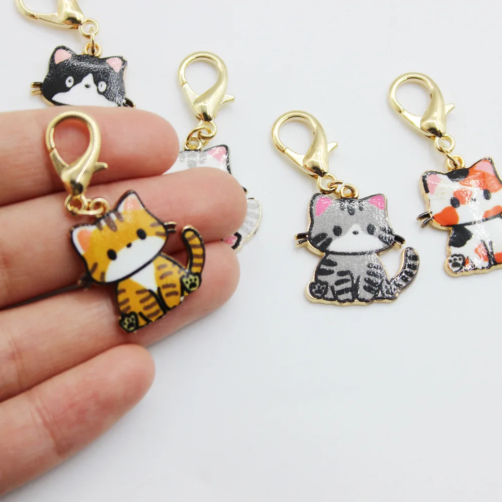 8pcs Cute Cat Charms with Lobster Clasps Pendants for Jewelry Making Cat Enamel Charms Knitting Stitch Markers Sewing Tools