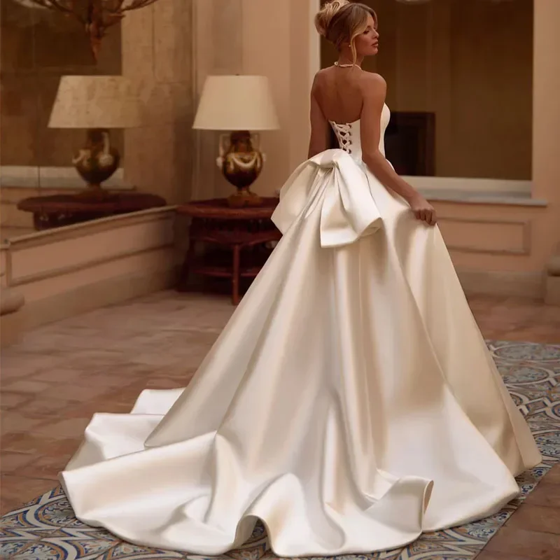 customized Strapless Sleeveless Wedding Dresses A-Line with Bow Shiny Satin Bride Dress Elegant Wedding Party vestidos de novia