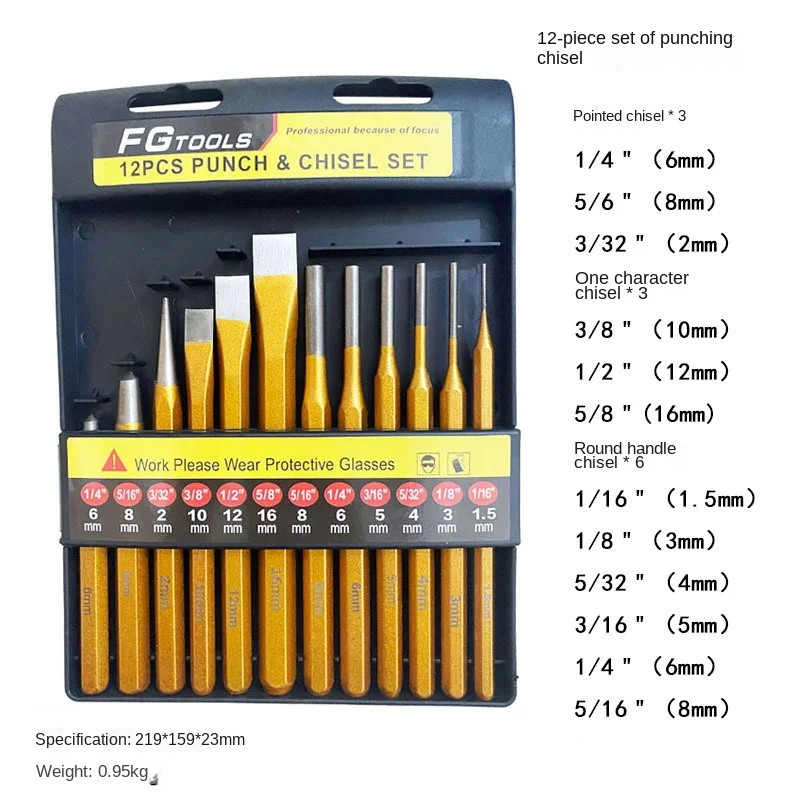 Punching Chisel Tool Set, Hardware, Iron, Special, 12 Pcs Steel, Flat Cone