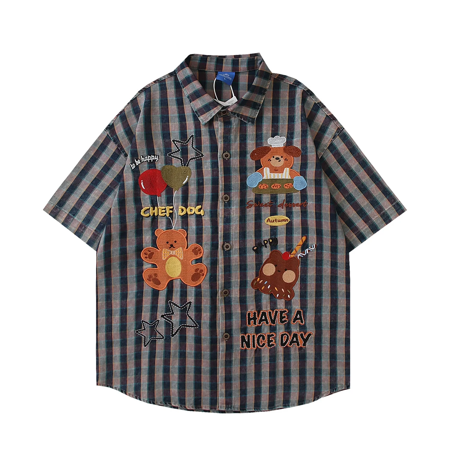 

Мужские летние рубашки с коротким рукавом, вышивкой, мультяшным пэчворком и полосками, в стиле ретро, уличная мода, свободного кроя, с отложным воротником, на одной пуговице, из хлопка