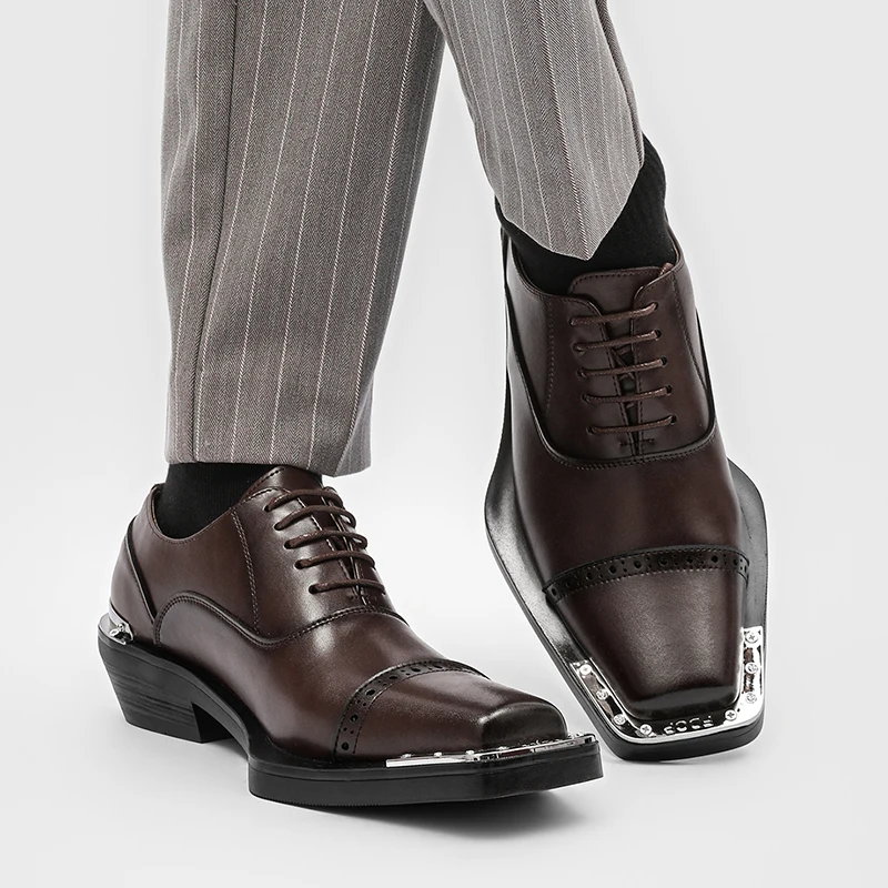 Premium Feel Men Personalized Square Toe Carved Lace Up Metal Toe Anti-collision Nightclub Stage Fashion Shoes