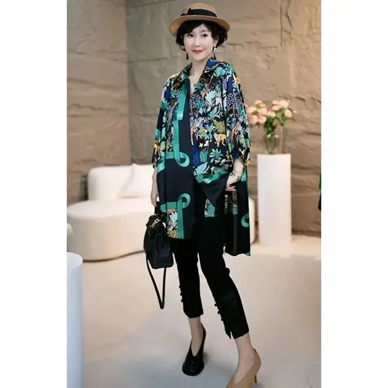 Spring Summer Mid-Long Shirt Coat Women 2024 New Fashion Loose Shirt Skirt Single-Breasted Printing Green Outerwear Female