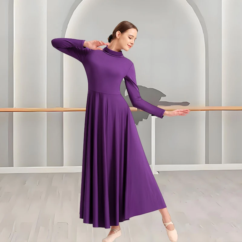 فستان رقص مدح نسائي فضفاض مناسب بطول كامل وأكمام طويلة زي عبادة الليتورجي قصير مجاني وياقة قابلة للطي