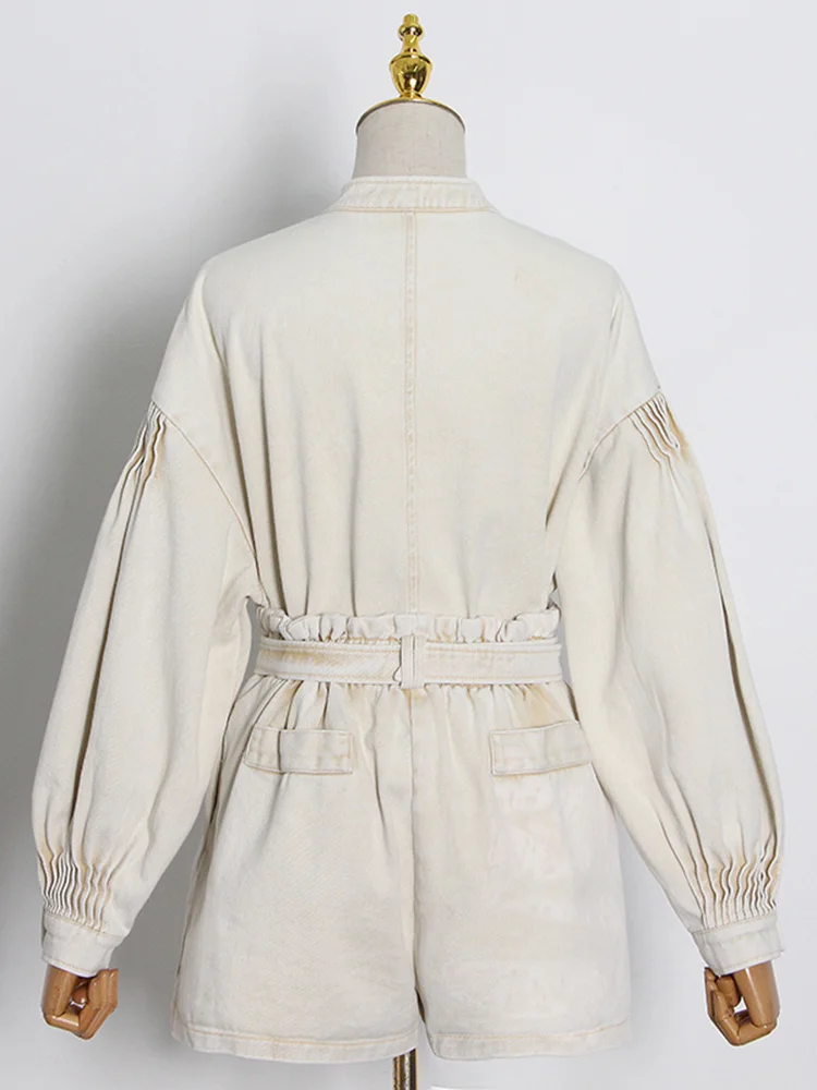 VGH Solid Loose Two Piece Set Women Stand Collar Long Sleeve Spliced Pockets Top High Waist Wide Leg Shorts Casual Sets Female