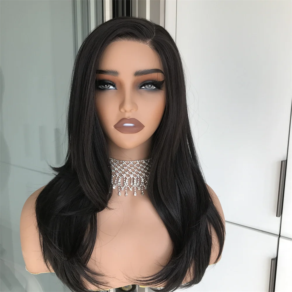 

Многослойный прямой парик Wear and Go, бесклеевой парик, синтетические парики спереди для женщин, боковая часть, 18 дюймов, натуральный черный цвет, ежедневное использование