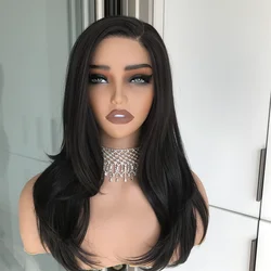 Layered Straight Wear and Go Glueless Wig Synthetic Lace Front Wigs for Women Side Part 18inch Natural Black Color Daily Use