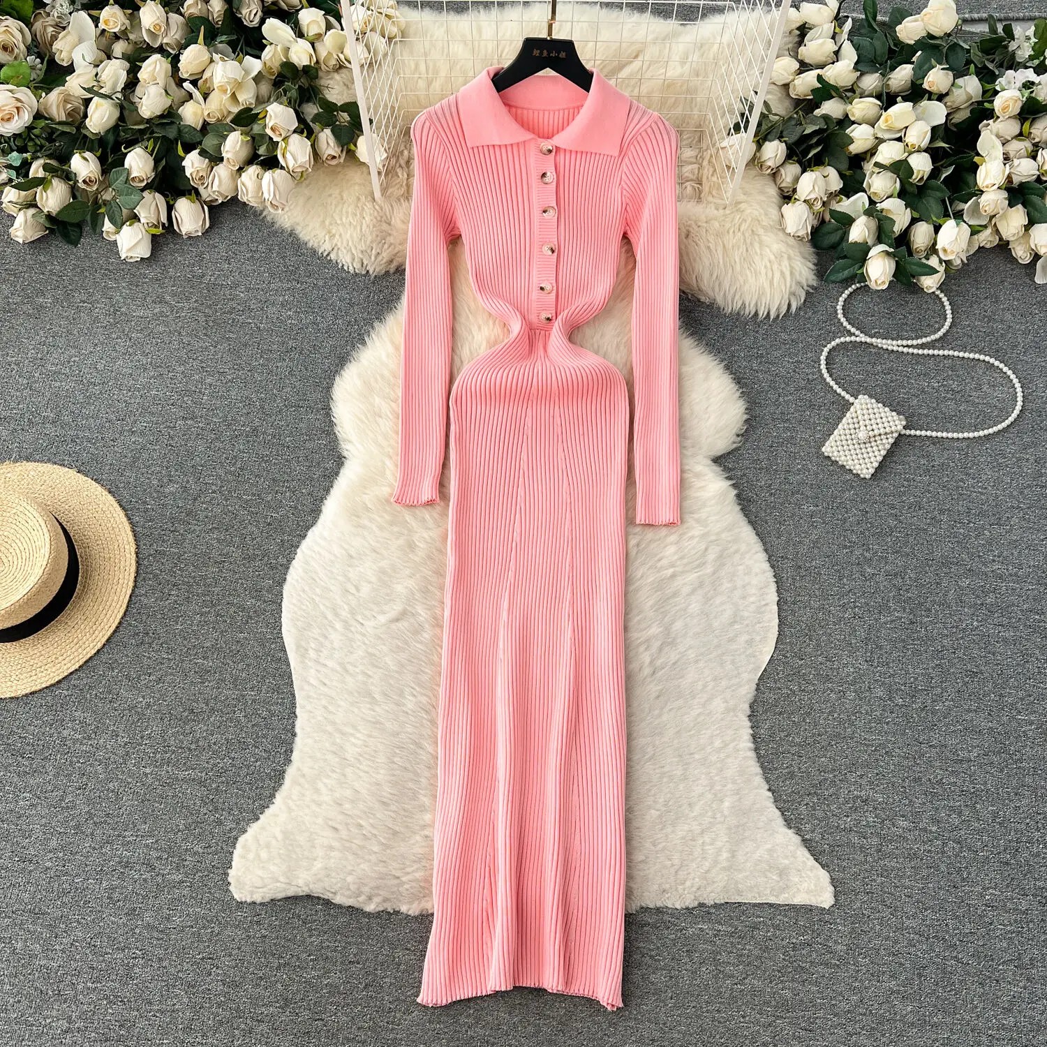 Korean Chic Autumn Winter French Style Lapel Single Breasted Knit Dress For Women Waist Slimming Show Thin Bodycon Knitted Dress